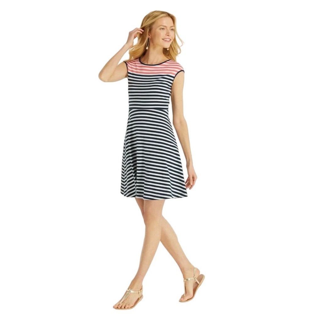 Draper James Striped Ponte Knit A Line Nassau Navy and Pink Mini Fit and Flare X - Picture 4 of 14
